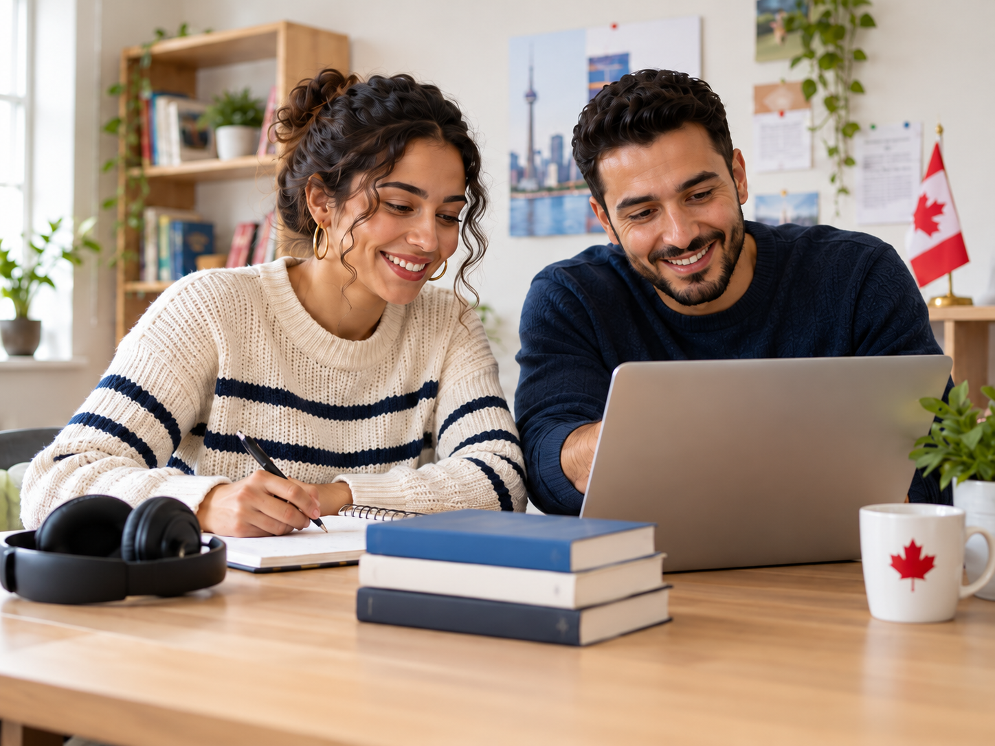 Deux adultes préparent leur français avec un ordinateur et un carnet
